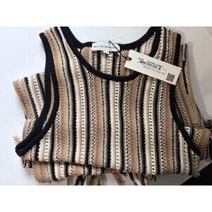 NWT White + Warren Mercerized Cotton Fringe Dress Neutral Stripe Small S $328